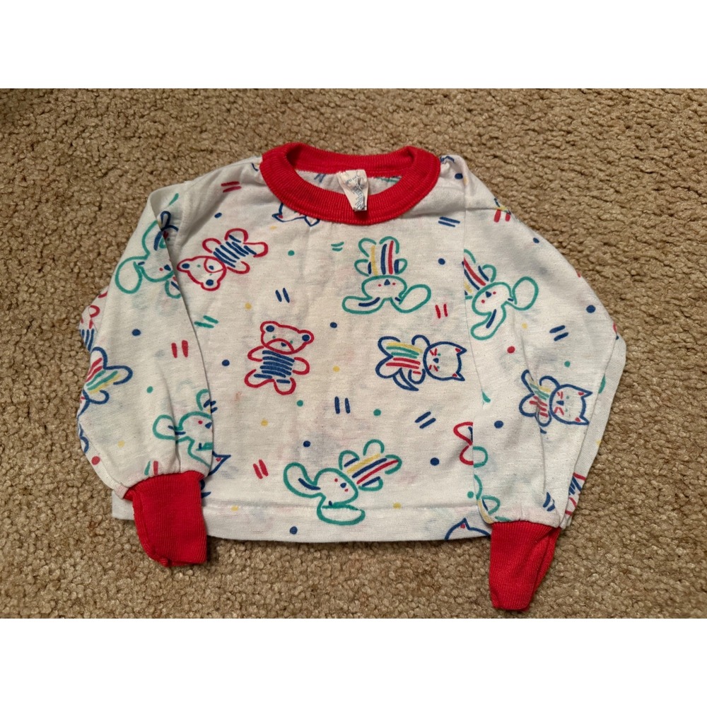 Vintage‎ Baby  Top Long Sleeve Red Trim White Cartoon Bear Cat Print 2T